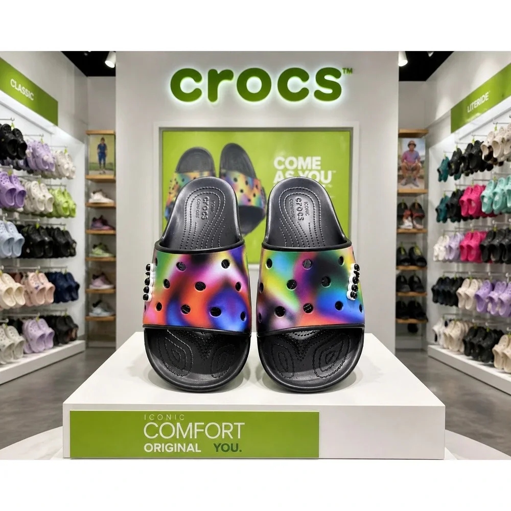 Crocs‎ Classic Slide Multi Heat Wave Black Multi Color Sandals Mens 12 NEW